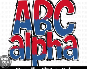 Red & Blue Alphabet Letters PNG Bundle, Hand Drawn Alphabet Doodle, Sublimation Alpha Set Designs PNG, COLOR903