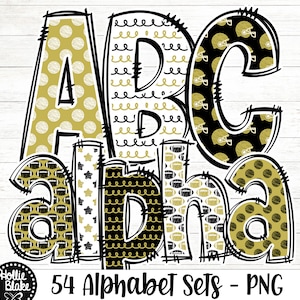 Black & Vegas Gold Football Doodle Alfabeto PNG Letras, Doodle Letras PNG, Pacote de Alfabeto Preto Dourado, Alfabeto de Sublimação