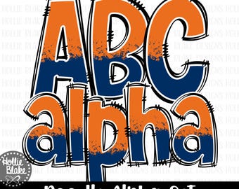 Op de afbeelding: Een digitaal ontwerp met de letters "ABC" en het woord "alpha" in een doodle-stijl. De letters zijn oranje met een blauw distressed effect aan de onderkant, omlijnd in zwart. De tekst "Doodle Alpha Set" staat onderaan.