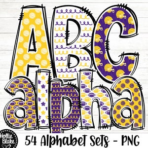 Letras PNG do alfabeto de doodle de futebol roxo e dourado, letras de doodle PNG, pacote de alfabeto de ouro roxo, alfabeto de sublimação, COLOR8