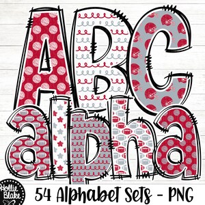 Scarlet Red & Gray Football Doodle Alfabet PNG Letters, Doodle Letters PNG, Rood Grijs Alfabet Bundel, Sublimatie Alfabet, COLOR52