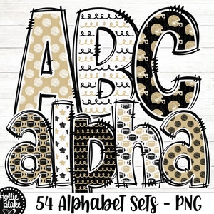Old Gold & Black Football Doodle Alphabet PNG Letters, Doodle Letters PNG, Gold Black Alphabet Bundle, Sublimation Alphabet, COLOR79