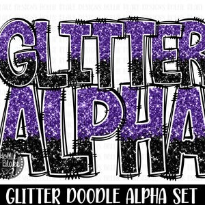Letras PNG do alfabeto Doodle com glitter roxo e preto, letras PNG do Doodle, pacote de alfabeto preto roxo, alfabeto de sublimação, COLOR51