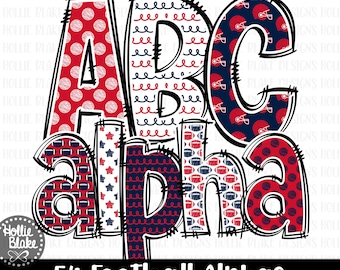 Navy Blue & Red Football Alphabet Letters PNG Bundle, Hand Drawn Alphabet Doodle, Sublimation Alpha Set Designs PNG