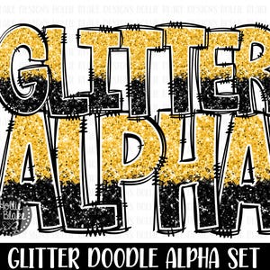 Goud en zwart glitter doodle alfabet png-letters, doodle letters png, goud zwart alfabet bundel, sublimatie alfabet, COLOR11