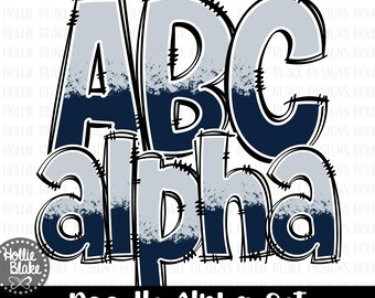 Navy Blue & Gray Alphabet Letters PNG Bundle, Hand Drawn Alphabet Doodle, Sublimation Alpha Set Designs PNG, COLOR107