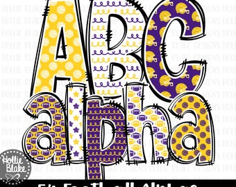 Purple & Gold Football Alphabet Letters PNG Bundle, Hand Drawn Alphabet Doodle, Sublimation Alpha Set Designs PNG, COLOR8