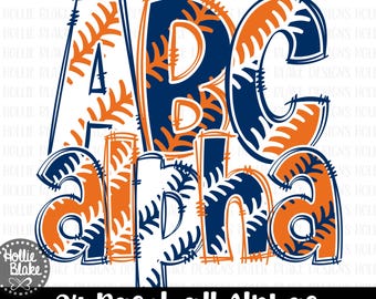 Navy Blue & Orange Baseball Stitches Alphabet Letters PNG Bundle, Hand Drawn Alphabet Doodle, Sublimation Alpha Set Designs PNG, COLOR99