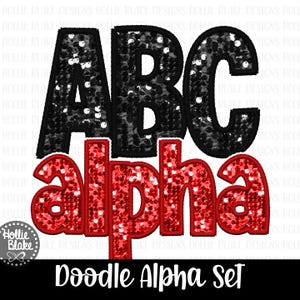 Red & Black Faux Sequin Alphabet Letters PNG Bundle, Hand Drawn Alphabet Doodle, Sublimation Alpha Set Designs PNG, COLOR23