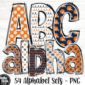 Blue & Orange Football Doodle Alphabet PNG Letters, Doodle Letters PNG, Blue Orange Alphabet Bundle, Sublimation Alphabet, COLOR3