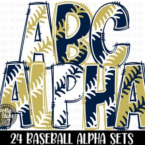 Letras PNG del alfabeto con puntadas de béisbol en azul marino y dorado Vegas, letras PNG, paquete de letras del alfabeto en azul marino y dorado Vegas, sublimación