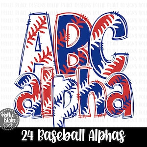 Blue & Red Baseball Stitches Alphabet Letters PNG Bundle, Hand Drawn Alphabet Doodle, Sublimation Alpha Set Designs PNG, COLOR93