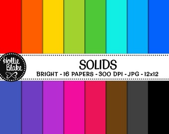 May include: A vibrant assortment of 16 solid-colored papers in bright hues, arranged in vertical stripes. The color palette includes red, orange, yellow, green, blue, and purple. The text reads "SOLIDS BRIGHT - 16 PAPERS - 300 DPI - JPG - 12x12".