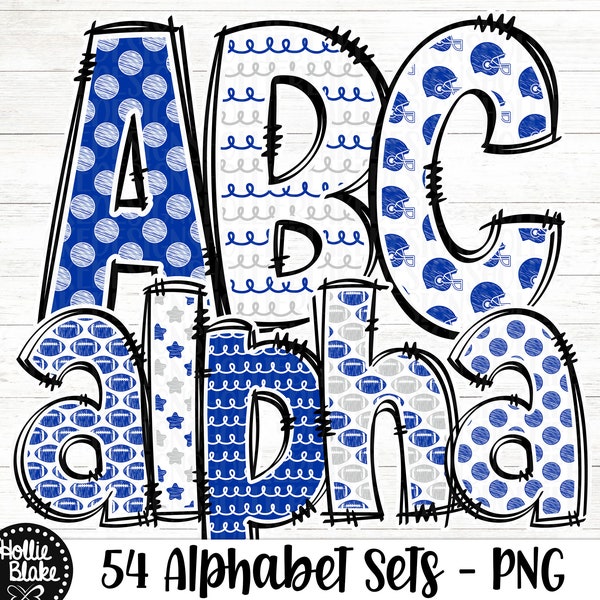 Blue & Gray Football Doodle Alphabet PNG Letters, Doodle Letters PNG, Blue Gray Alphabet Bundle, Sublimation Alphabet, COLOR7