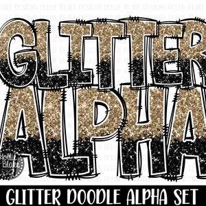 Letras PNG do alfabeto Doodle com glitter dourado e preto antigo, letras PNG do Doodle, pacote de alfabeto dourado e preto, alfabeto de sublimação, COLOR15