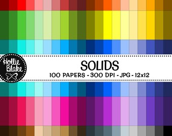 May include: A digital paper pack with 100 solid color digital papers. The papers are in a variety of colors, including red, orange, yellow, green, blue, purple, pink, brown, and gray. The papers are 12x12 inches and 300 DPI. The text "Solids" is in the center of the image. The text "100 Papers - 300 DPI - JPG - 12x12" is below the text "Solids".
