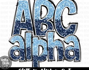 Navy Blue & Blue Glitter Alphabet Letters PNG Bundle, Hand Drawn Alphabet Doodle, Sublimation Alpha Set Designs PNG, COLOR24
