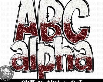 Maroon Red & White Glitter Alphabet Letters PNG Bundle, Hand Drawn Alphabet Doodle, Sublimation Alpha Set Designs PNG, COLOR14