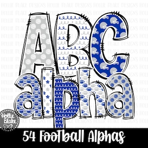 Blue & Gray Football Alphabet Letters PNG Bundle, Hand Drawn Alphabet Doodle, Sublimation Alpha Set Designs PNG, COLOR7
