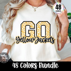Könnte beinhalten: Cremefarbenes T-Shirt mit dem Text "GO Yellow Jackets" in einem schwarz-gelben Design. Die Buchstaben haben ein gelbes Leopardenmuster. Die Worte "48 Colors Bundle" stehen unten.
