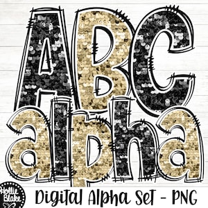 Letras PNG do alfabeto Doodle de lantejoulas falsas douradas e pretas, letras PNG do Doodle, pacote de alfabeto preto dourado, alfabeto de sublimação, COLOR54