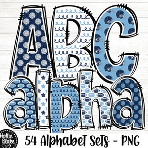 Alfabeto Doodle de Futebol Azul Marinho e Azul Letras PNG, Letras Doodle PNG, Pacote de Alfabeto Azul, Alfabeto de Sublimação, COLOR24