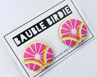 Pink Lemon Statement Earrings / Pink Fruit Stud Earrings / Hypoallergenic Lemonade Stud Earrings / Summer Fabric Button Statement Studs