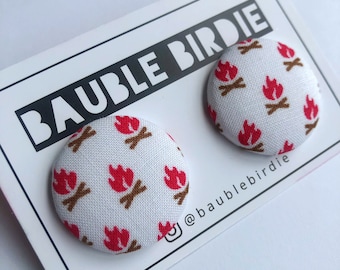 Campfire Statement Earrings / Outdoors Camp Stud Earrings / National Park Camping Stud Earrings / Hiking Fabric Button Statement Studs