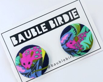 Pink Mouse Statement Earrings / Blue Hot Pink Mouse Stud Earrings / Hypoallergenic Mouse Leaf Stud Earrings / Mouse Fabric Statement Studs