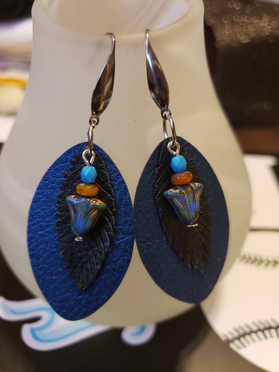 Navy Blue, Black Faux Leather Earrings With Glass Beads