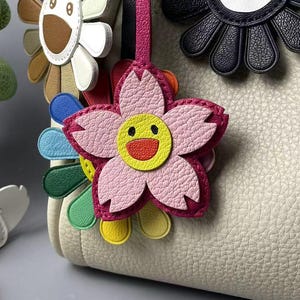 Cute Cherry Blossom Smile Flower Bag Charm – Handmade Leather Keychain