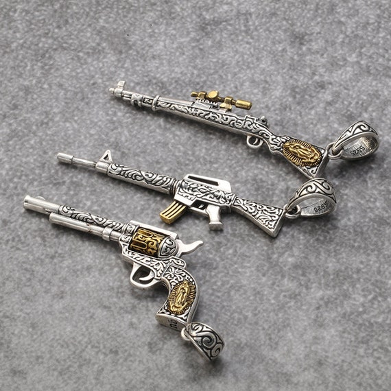WANGXJ European and American Sterling Silver Pistol Pendant Mens Domineering Pendant Necklace Retro Thai Silver Pendant Tide