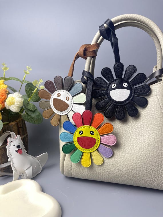 Handmade Leather Sunflower Bag Charm: Rainbow Keychain Accessory