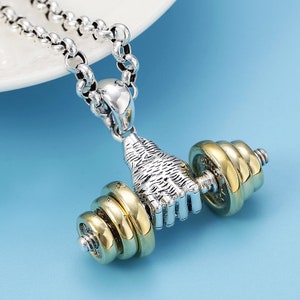 Dumbbell Necklace Gym Jewelry Fitness Pendant For Men Personalized sterling silver dumbbell pendant, fitness trainer pendant