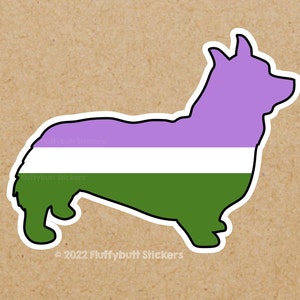 May include: A sticker of a purple, white, and green corgi silhouette. The colors represent the genderqueer pride flag. The sticker has a white outline and the text "© 2022 Fluffybutt Stickers" at the bottom.