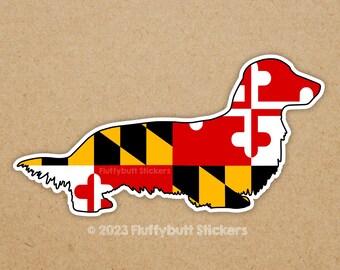 Maryland Flag Longhaired Dachshund Sticker | Longhair Dachshund Sticker | Maryland Pride | Doxie | Wiener Dog | Dog Sticker | Bumper Sticker