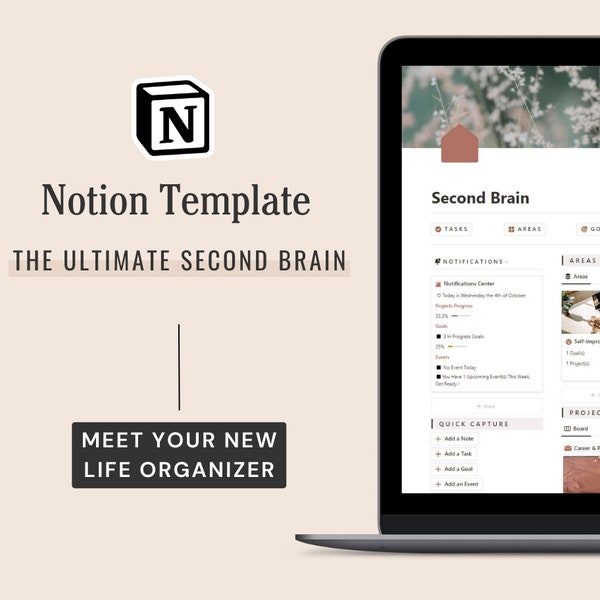 Notion Second Brain: Digital Life Planner, Business Organizer, Task Manager, Goal Tracker, Daily Planner, Monthly Planner, Notes, Journal