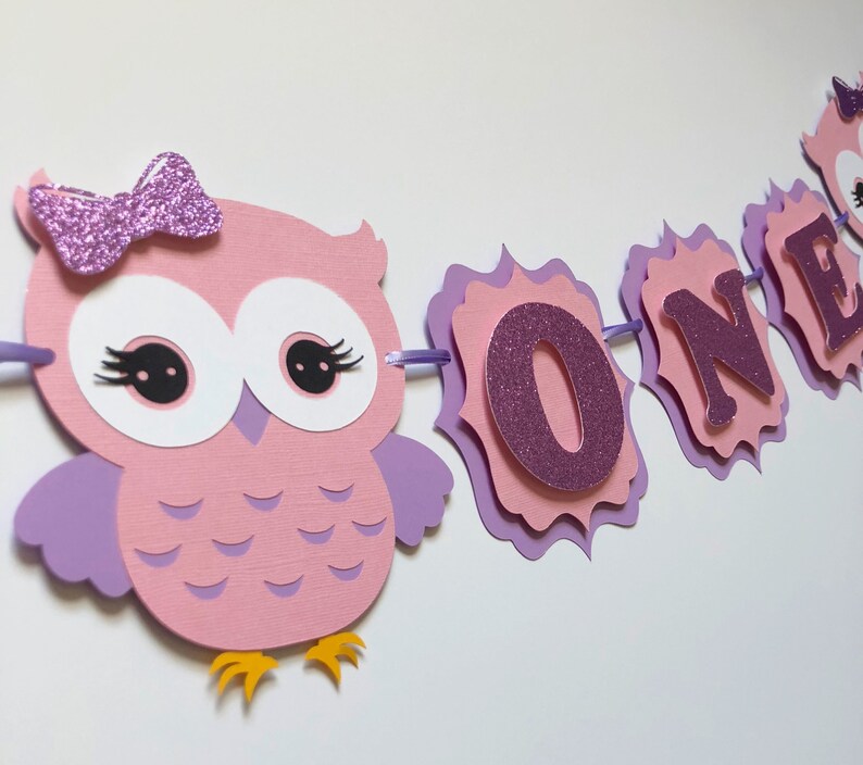 Girl Birthday Party Decor One Banner with Owls Pink and Purple Owl Themed High Chair Banner for First Birthday