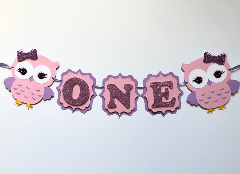 Girl Birthday Party Decor One Banner with Owls Pink and Purple Owl Themed High Chair Banner for First Birthday