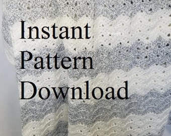 Peut inclure: Une couverture au crochet avec un motif ondulé blanc et gris. Le texte "Téléchargement instantané du modèle" est superposé sur la couverture.