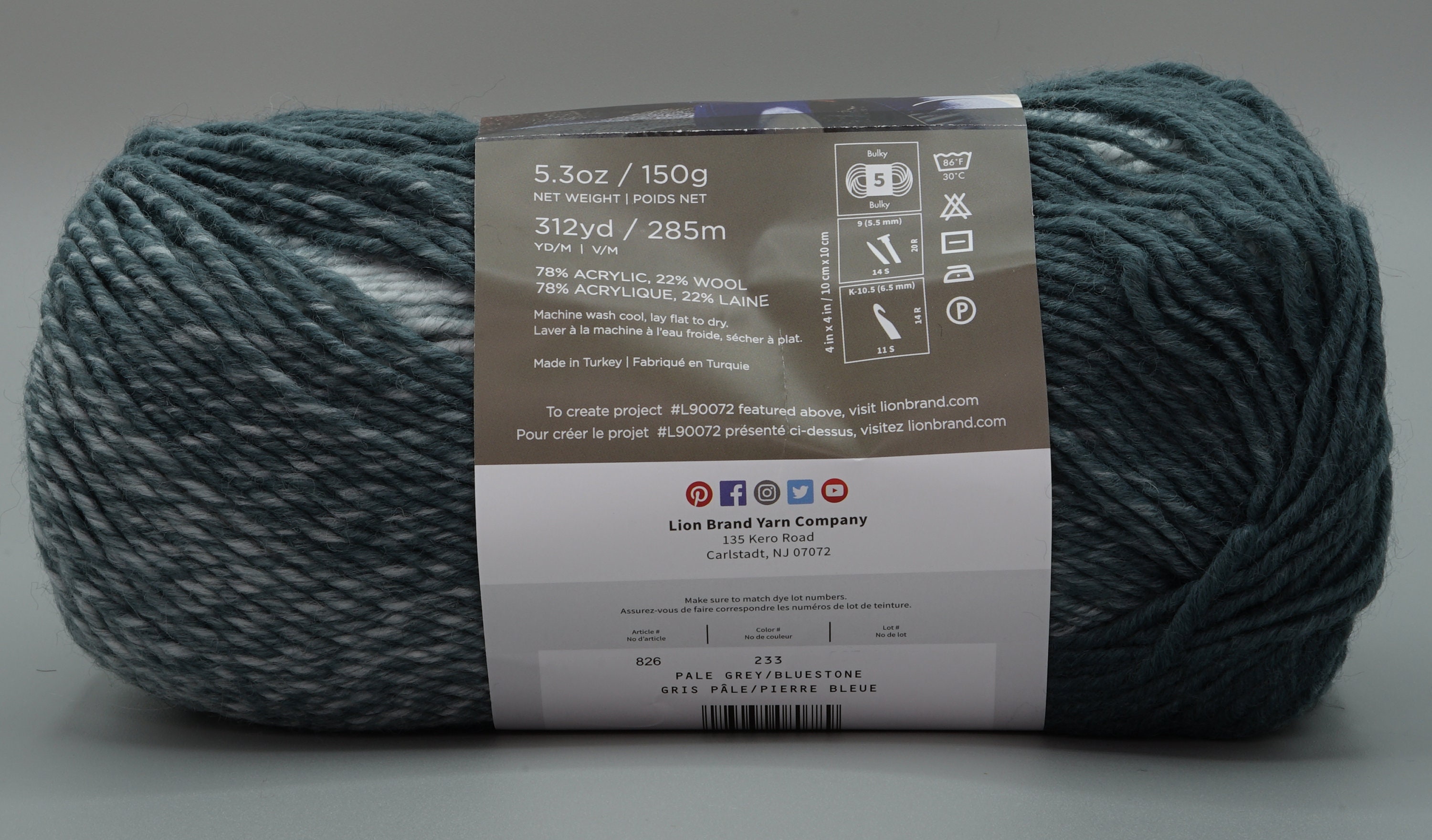 (3-pack) Lion Brand Yarn 826-233L Scarfie Yarn, Pale Grey/Bluestone