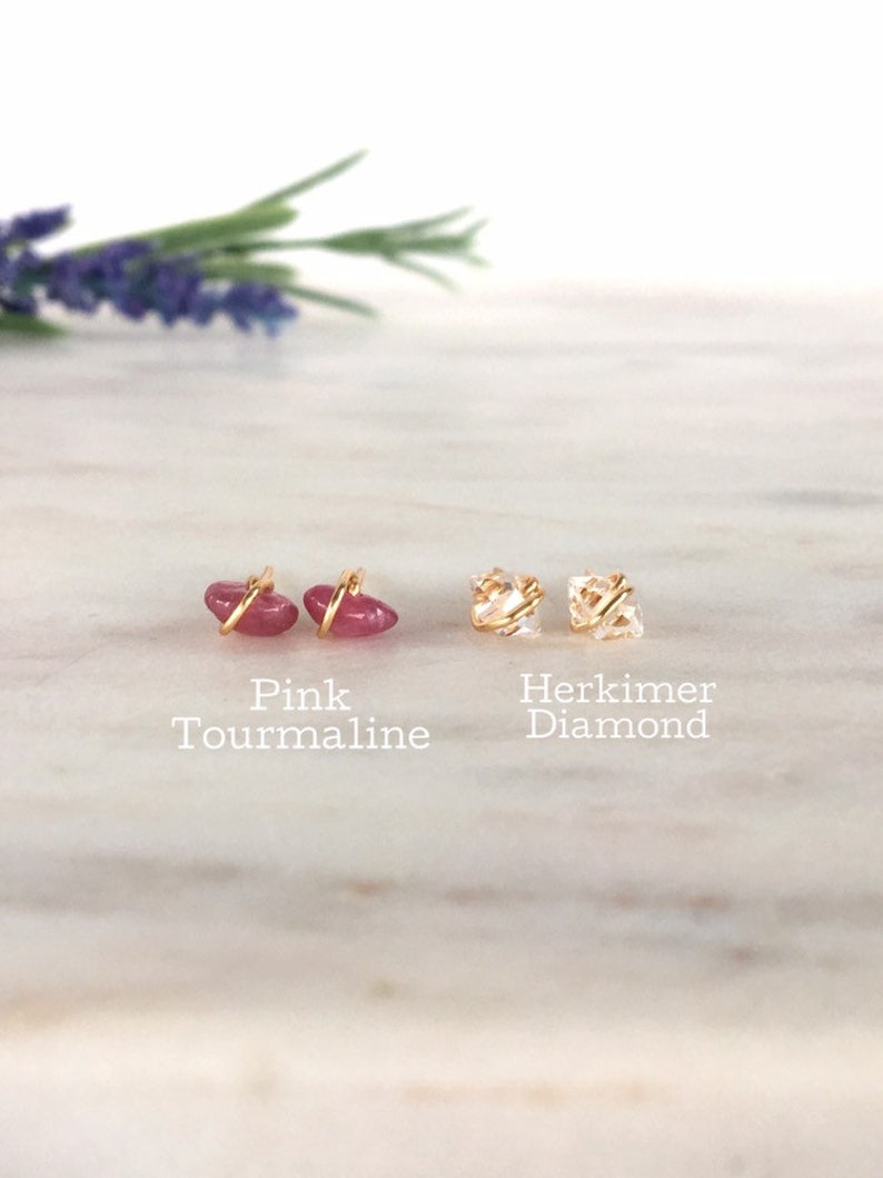 Stud Earrings Trio Gold Filled Herkimer Diamond /& Gemstone Studs Minimalist Birthstone Gift Simple Everyday Accessories