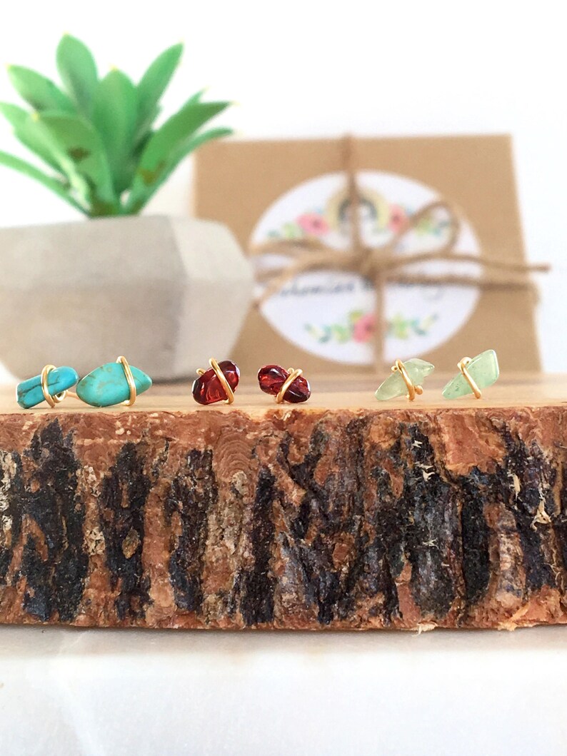 Stud Earrings Trio Gold Filled Herkimer Diamond /& Gemstone Studs Minimalist Birthstone Gift Simple Everyday Accessories