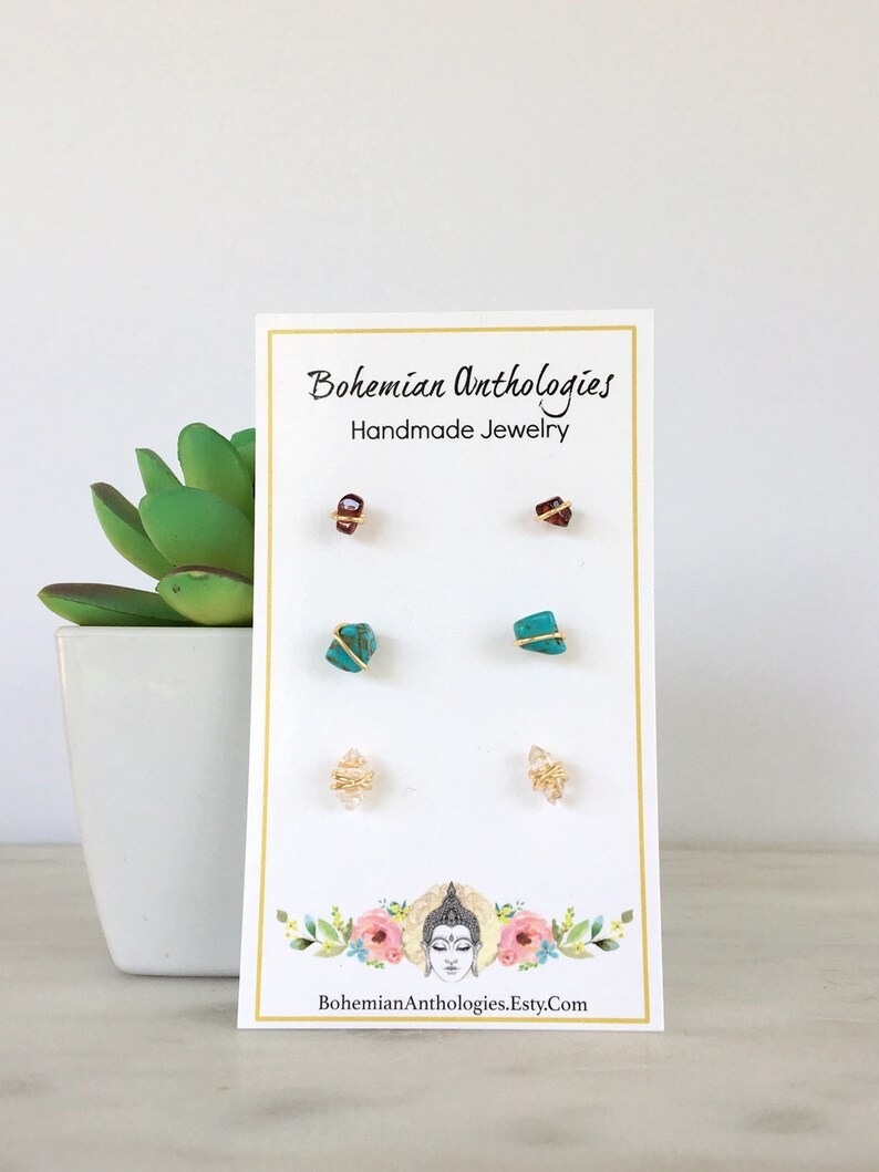 Stud Earrings Trio Gold Filled Herkimer Diamond /& Gemstone Studs Minimalist Birthstone Gift Simple Everyday Accessories