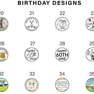 May include: A collection of 12 round birthday designs featuring various themes, including golf, a golfer, a birthday cake, a golf club, a golf ball, and the numbers 18, 30, 40, 50, 60, and 68.