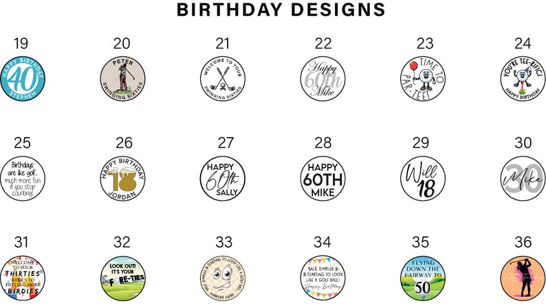 May include: A collection of 12 round birthday designs featuring various themes, including golf, a golfer, a birthday cake, a golf club, a golf ball, and the numbers 18, 30, 40, 50, 60, and 68.