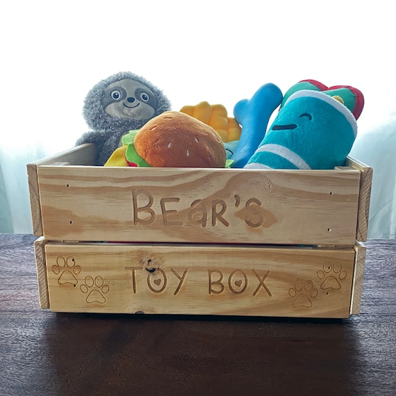 Personalised Dog Puppy Wooden Toy Box, Crate for Treats and Storage Pet  Gift With Bone and Paw Prints Design 