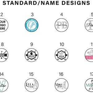 May include: A chart with 18 different designs for golf ball name tags. The designs include initials, names, and golf-related images. The designs are in various colors, including black, white, green, blue, and pink.