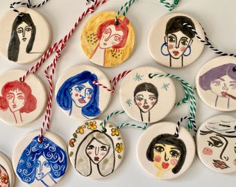 Ceramic woman Ornament-Handmade Pottery Christmas Decoration-Christmas tree faces ornament gift