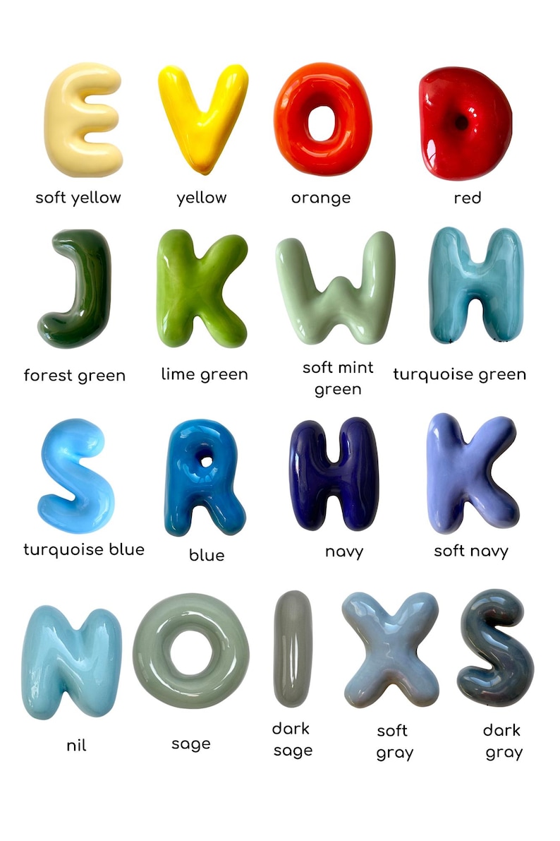 May include: A selection of brightly coloured, bubble-style letters in shades like yellow, orange, red, green, and blue. Each letter is labelled with its colour name, such as "soft yellow" and "turquoise blue".